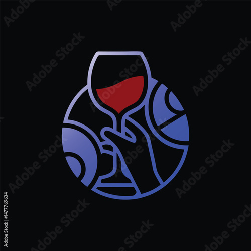 Wine Toast: A stylized minimalist illustration depicting a hand holding a glass of wine against a backdrop of circular blue and purple patterns on a black background.
