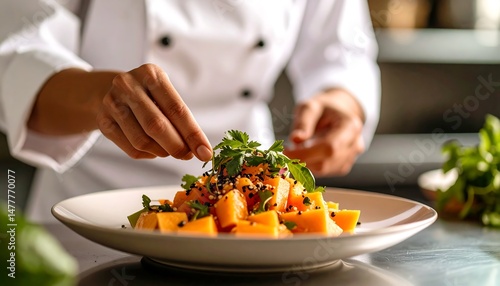 Wallpaper Mural Chef Carefully Garnishing Delicious Autumn Squash Salad with Fresh Herbs A Gourmet Dish Preparation Torontodigital.ca