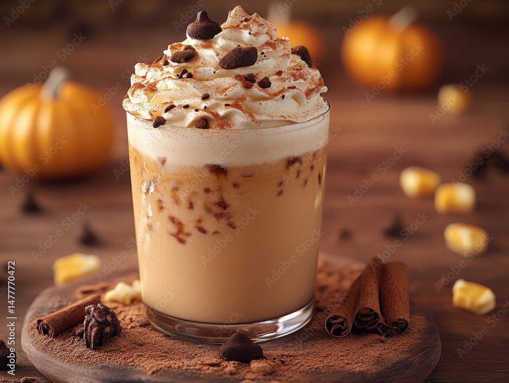 Creamy caramel coffee drink topped with whipped cream and chocolate chips, surrounded by autumn decor Creamy caramel coffee drink topped with whipped cream and chocolate chips, surrounded by autumn decor