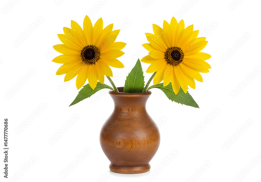 Obraz premium Vibrant Yellow Sunflowers in a Rustic Wooden Vase a lovely floral arrangement