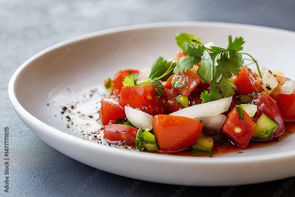 A portion of fresh tomato salsa, with diced tomatoes, onions, and cilantro, placed on a clean white plate A portion of fresh tomato salsa, with diced tomatoes, onions, and cilantro, placed on a clean white plate