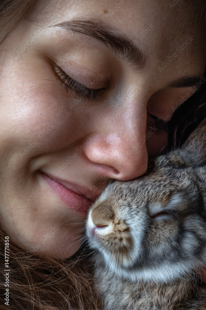 A tender moment shared between a woman and her pet bunny in a heartwarming portrait. A tender moment shared between a woman and her pet bunny in a heartwarming portrait.