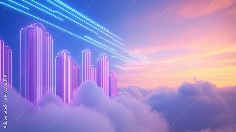 Fototapeta premium Futuristic city skyline with glowing neon buildings and vibrant cloud formations at sunset in a dreamlike atmosphere