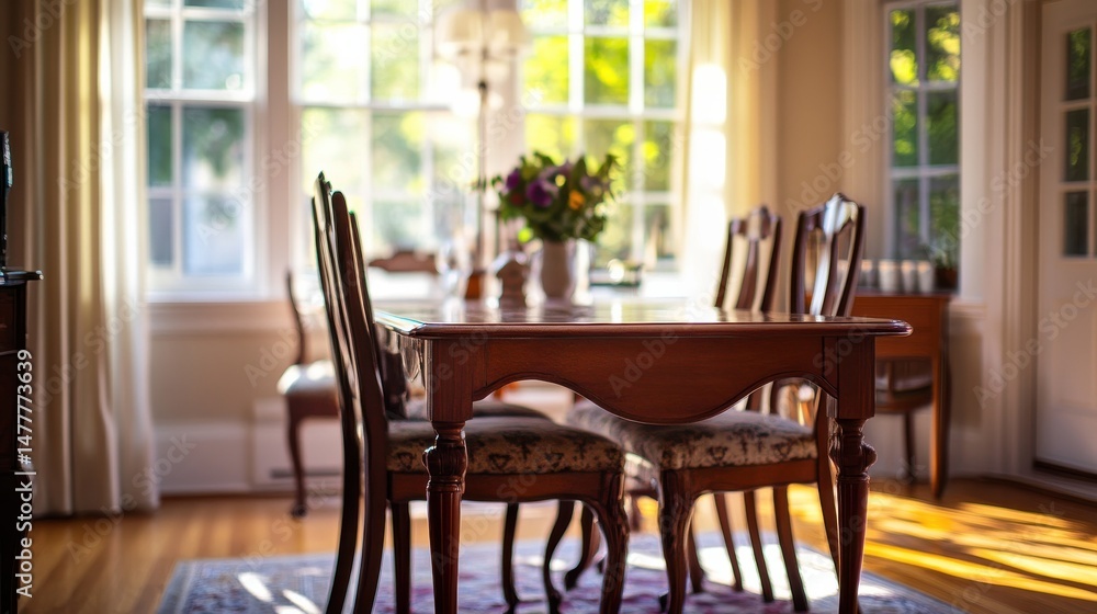 A beautifully refinished dining room table and chairs, restored to their former glory, sit elegantly in a bright A beautifully refinished dining room table and chairs, restored to their former glory, sit elegantly in a bright