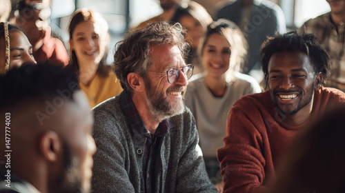 Smiling colleagues and friends enjoy a moment of togetherness in a warm, cheerful environment.