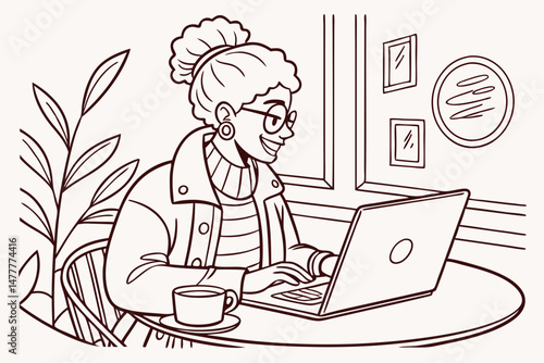 Sketch style doodle of Happy stylish hipster teen girl student with Afro hair using laptop computer sitting at table at home office, in cafe, remote studying or working in internet, watching online co