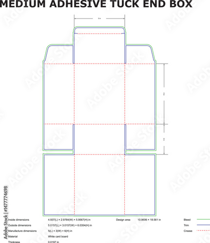 Detailed diagram of a medium adhesive tuck end box illustrating dimensions and design specifications