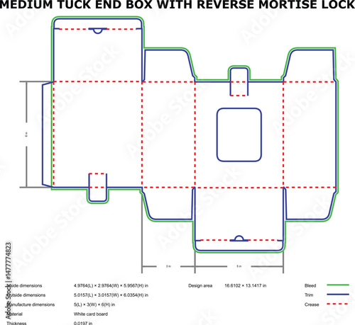Detailed diagram of a medium tuck end box with reverse mortise lock packaging design template
