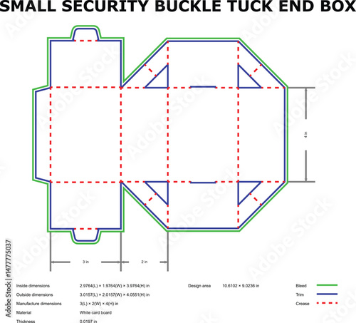 Detailed diagram of small security buckle tuck end box packaging template for design and manufacturing purposes