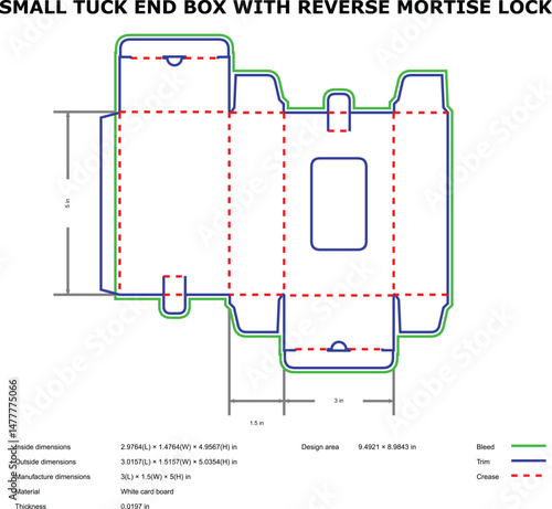 Diagram of a small tuck end box template showing dimensions and reverse mortise lock construction