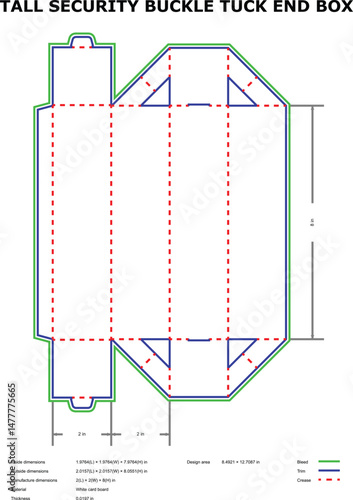Detailed diagram of a tall security buckle tuck end box design for packaging manufacturing