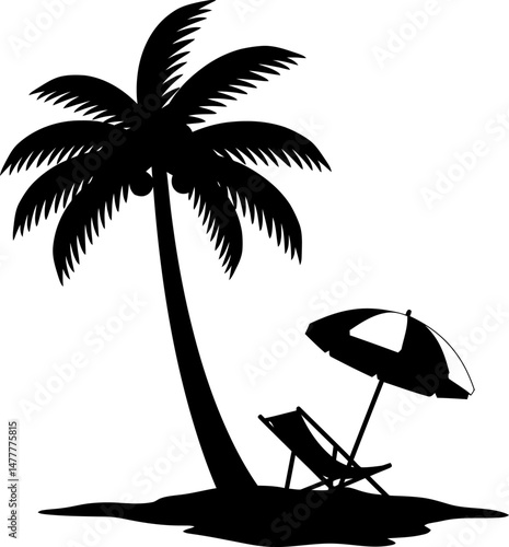 Serene Beach Scene Palm Tree, Lounge Chair, and Umbrella Silhouette