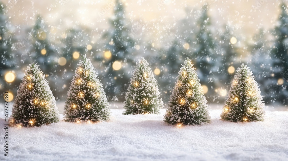 Fototapeta premium Festive miniature Christmas trees in snowy landscape.
