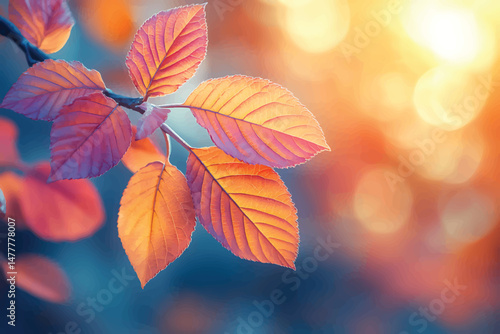 Sunlit orange leaves showcase detailed veins against a bokeh background with a dreamy atmosphere
