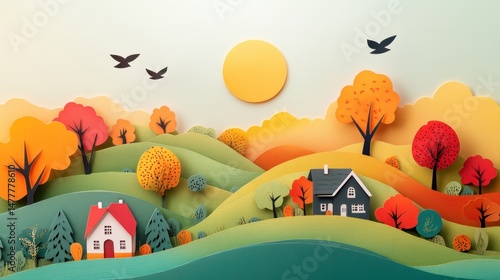Charming autumnal vista, a paper-layered landscape with houses and birds