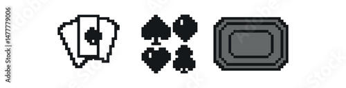 Retro pixel art playing cards and casino chip design icon vector illustration isolated