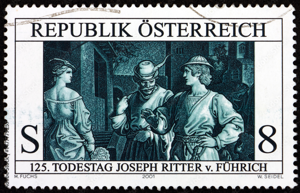 Postage stamp Austria 2001 The Seduction of the Lost Son, Detail, Painting by Joseph Ritter von Fuhrich (1800-1876), Austrian Painter