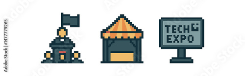 Pixel art icons of castle, tent, and tech expo signboard icon vector illustration isolated