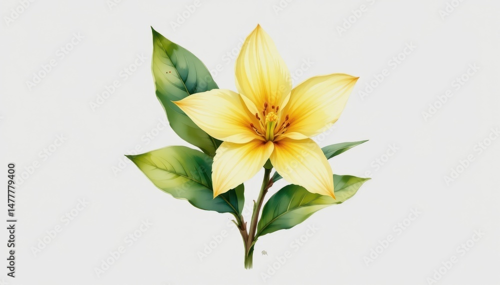 a delicate watercolor clipart illustration showcases a vanilla flower, its vibrant yellow petals contrasting beautifully against its verdant green leaves, rendered against a crisp, white a delicate watercolor clipart illustration showcases a vanilla flower, its vibrant yellow petals contrasting beautifully against its verdant green leaves, rendered against a crisp, white