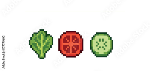 Pixel art vegetables lettuce, tomato, and cucumber icons icon vector illustration isolated