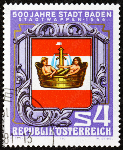 Obraz na płótnie Postage stamp Austria 1980 Arms of Baden, 500th Anniversary w salonie