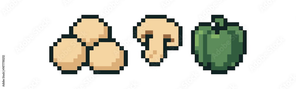 Obraz premium Pixel art vegetables bell pepper, mushroom, and potatoes in retro style icon vector illustration isolated