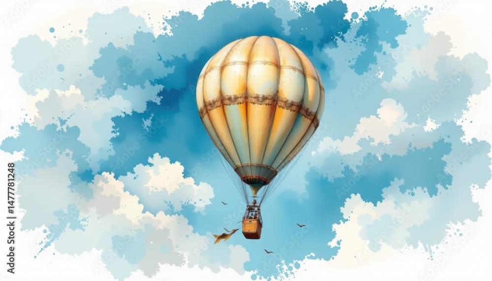 Fototapeta premium a vintage hot air balloon, painted in soft watercolor hues, drifts majestically through a sky of cerulean blue