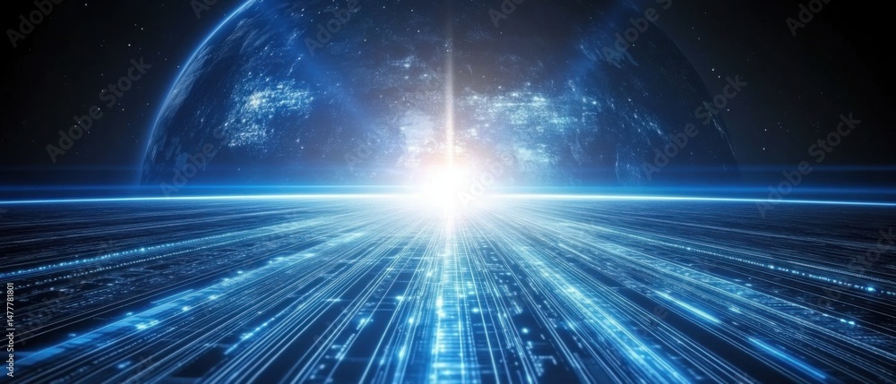 Obraz premium Futuristic Earth Digital Network Concept Horizon View of Planet with Data Stream in Blue Tones for Technology and Communication Designs