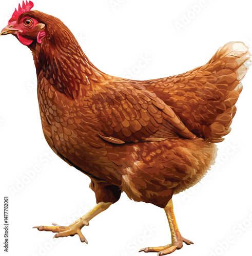 "Brown Chicken Walking on Farm - Free-Range Hen on White Background"