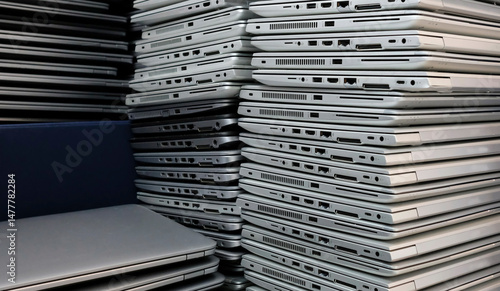 Electronic waste and e-waste - stacks of laptops