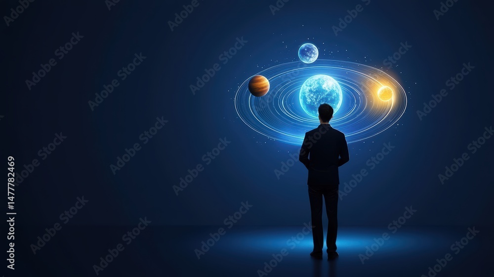 Obraz premium Human Figure Observing Cosmic Solar System with Planets and Stars in Dark Blue Background