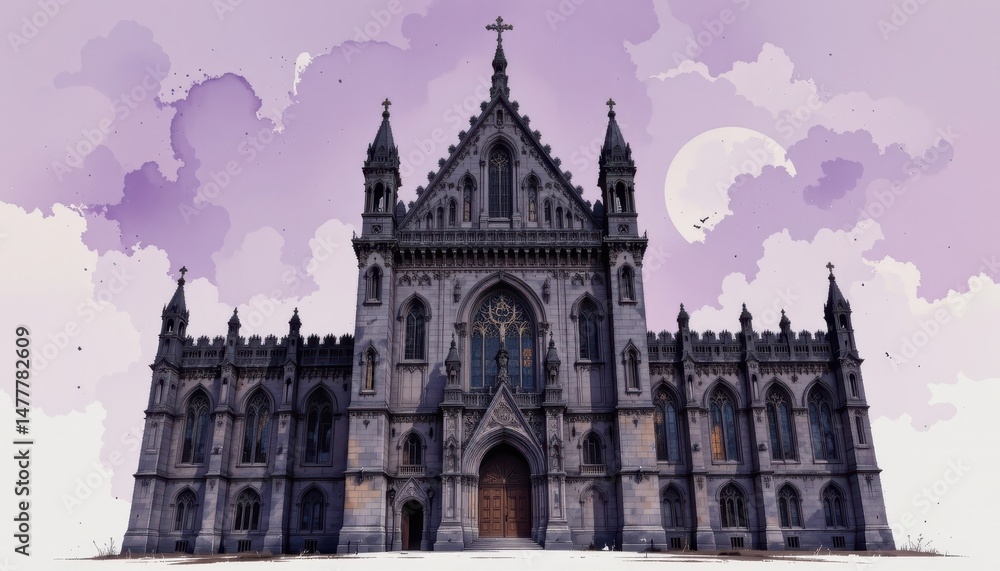 Fototapeta premium a grand gothic structure, its dark stone facade adorned with intricate carvings, stands silhouetted against a sky of soft lavender, a testament to the timeless elegance of the dark academia aesthetic