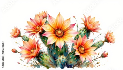 Fototapeta Naklejka Na Ścianę i Meble -  a vibrant watercolor clipart illustration showcases a cluster of cactus flowers against a stark white background, their spiny forms and vibrant colors creating a captivating focal point.