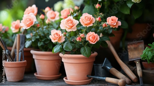 Fototapeta Naklejka Na Ścianę i Meble -  Mini roses in ceramic flower pots accompanied by gardening tools, showcasing a spring gardening scene with ample free space for text.