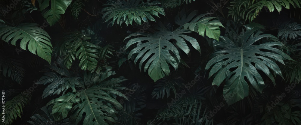 Intricate, dark tropical leaves layered, creating a lush, textured backdrop , black, overlay Intricate, dark tropical leaves layered, creating a lush, textured backdrop , black, overlay