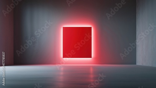 Red square artwork illuminated by neon light in a minimalist room. The contrast between the vibrant red and the gray walls creates a striking visual effect.