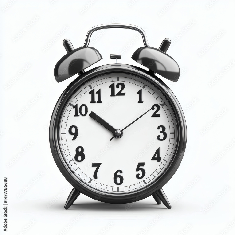 A beautifully lit, close-up studio shot of a traditional metal alarm clock set at 10:10. A beautifully lit, close-up studio shot of a traditional metal alarm clock set at 10:10.