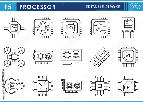 A set of line icons related to Processor. Various types of processor chips and motherboards. Vector editable stroke.