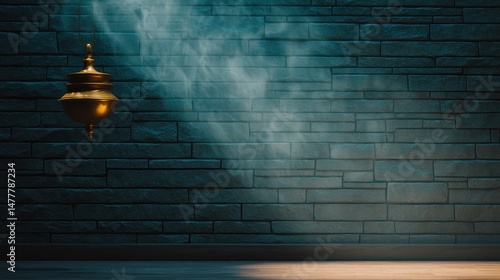 Golden pendulum swinging in a dimly lit room with textured stone walls and soft lighting