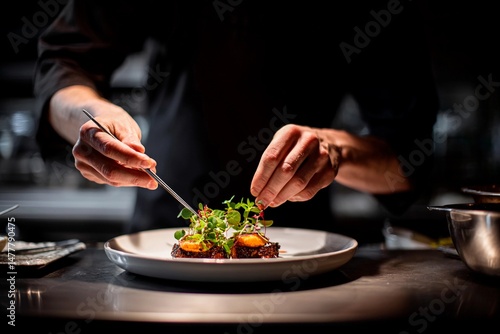 In a chic kitchen, a focused chef delicately garnishes a plated dish with fresh herbs and microgreens, showcasing culinary artistry during evening dinner preparation