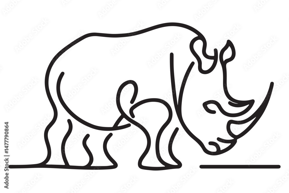 Fototapeta premium One line illustration of rhinoceros standing vector simple art drawing