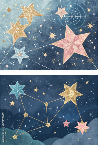 An elegant image of constellations connected by thin lines of light, creating a mysterious and fascinating cosmic space. For scientific presentations, esoteric materials