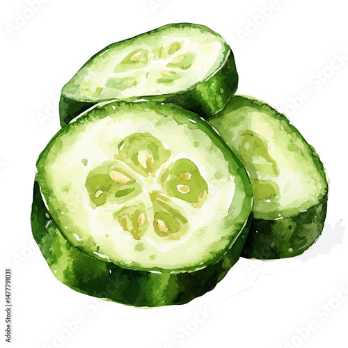 Cucumber Slices, watercolor illustration, isolated on a white background.