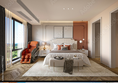Elegant hotel room, luxury home interior bedroom. 3d render.