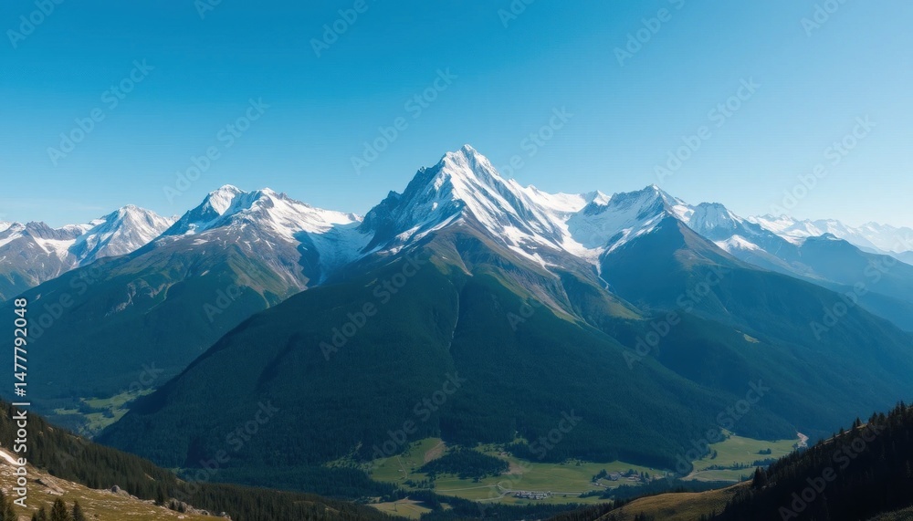 Fototapeta premium Striking alpine landscape featuring snow-capped peaks and lush green valleys under a serene blue sky