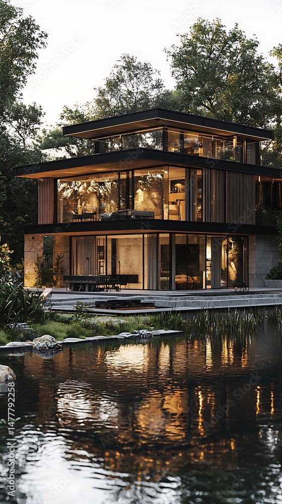 Serene evening view modern villa high resolution picture Serene evening view modern villa high resolution picture