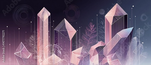 Abstract gemstone arrangement with foliage accentuation and cosmic details