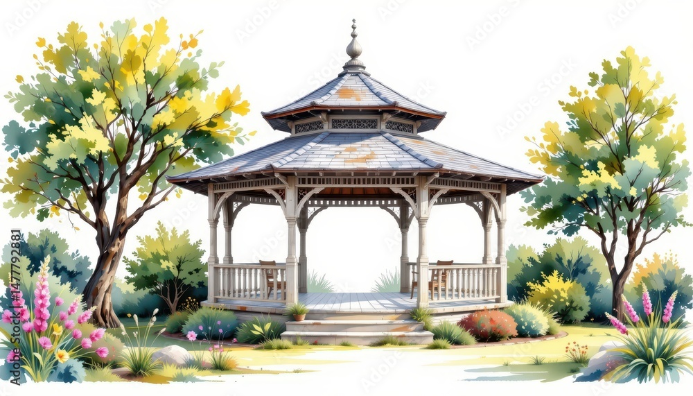 a watercolor clipart rendering of a charming garden rotunda, its delicate curves and whimsical architecture set against a pristine white backdrop. a watercolor clipart rendering of a charming garden rotunda, its delicate curves and whimsical architecture set against a pristine white backdrop.