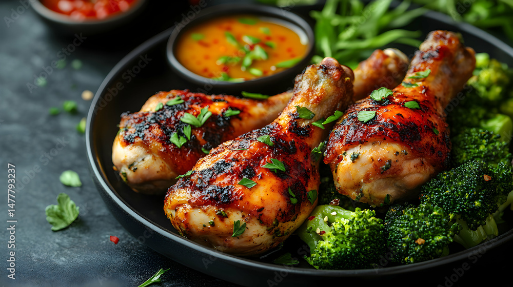 Juicy Grilled Chicken Drumsticks Served with Fresh Broccoli and Sauce Juicy Grilled Chicken Drumsticks Served with Fresh Broccoli and Sauce