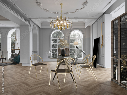 luxury home interior living room, dining room. 3d render.